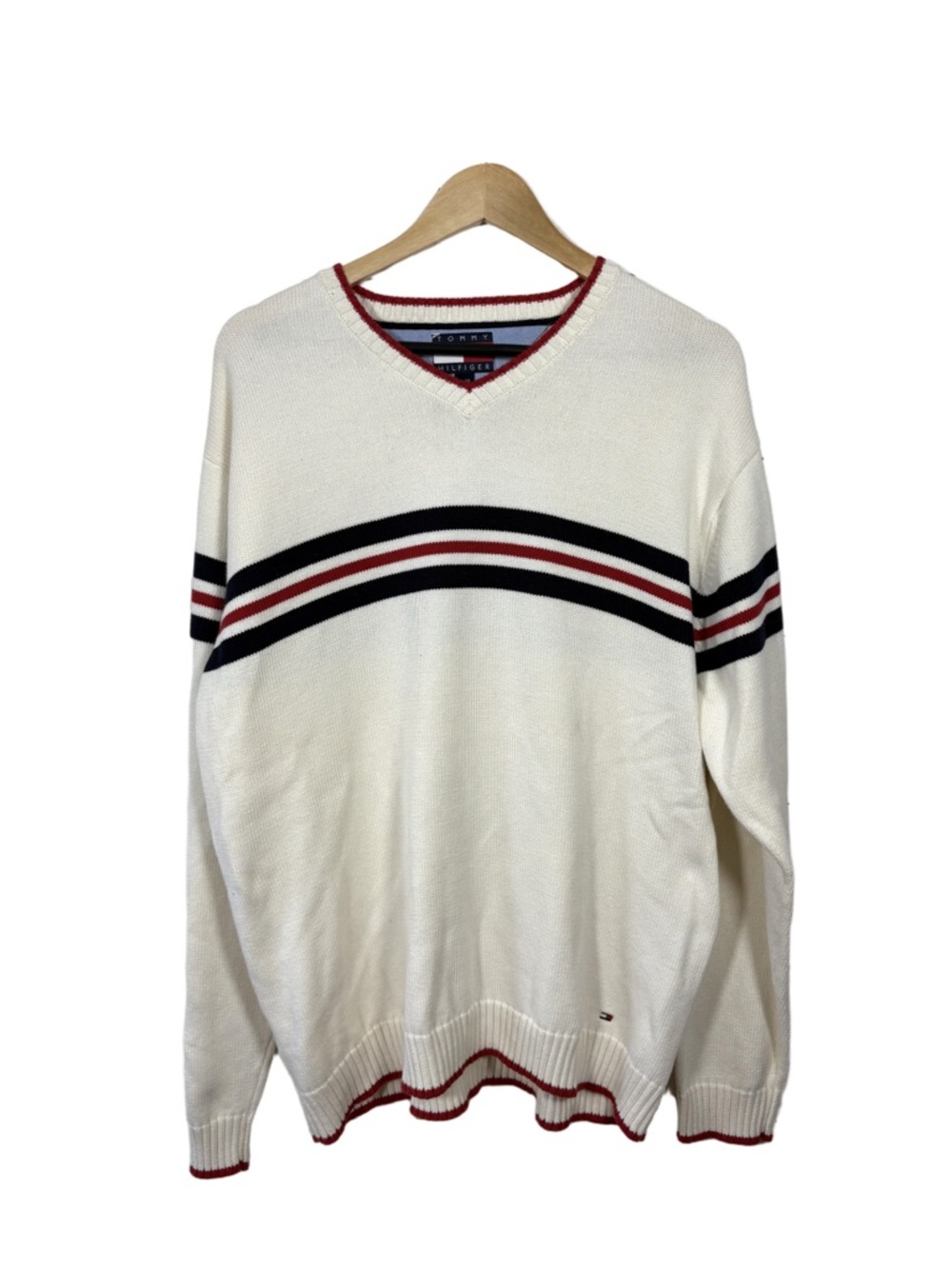 Tommy Hilfiger V-Neck Sweater XL White Stripe Cotton Classic